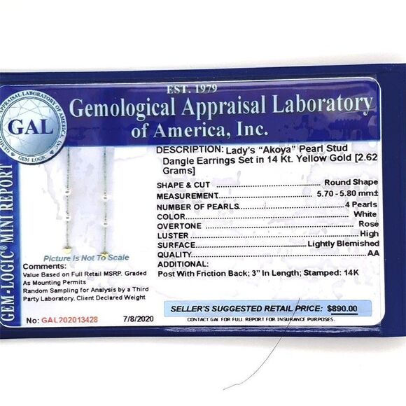 Akoya Pearl Earrings 14 KT Gold Certified $890 013428 - Picture 12 of 12